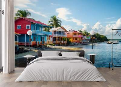 Colorful houses line the shore of Bastimentos Island in Bocas Del Toro, Panama on a sunny day isolated with white highlights,  Wall mural